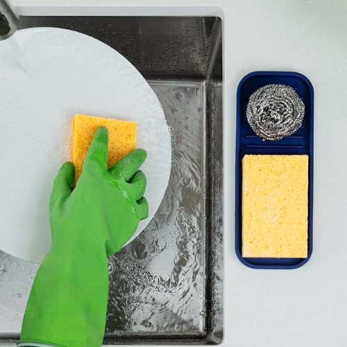 9x3.5) Silicone Sponge Holder for Kitchen Sink - Flexible Multipurpose Soap Tray - Sink Organizer for Kitchen, Bathroom, Makeup, Trinkets & More (Dark Blue) (Dark Blue (Medium) / Medium (9x3.5))