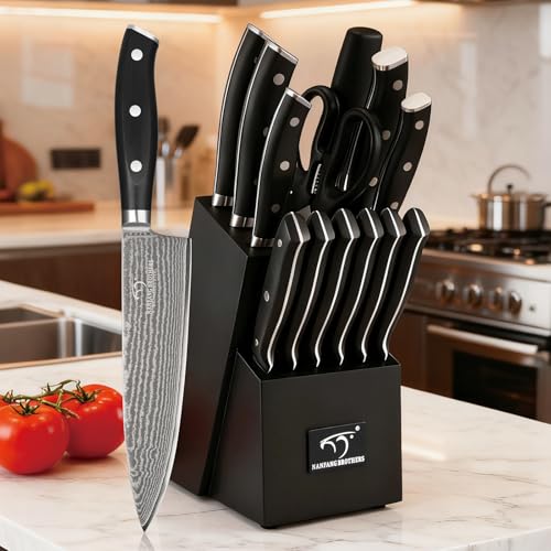 Damascus Kitchen Knife Set 14 Pieces with Shears & Sharpener (Black / 14 Pieces)