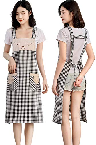 100% Cotton Cute Plaid Apron with Pockets (#2 Korean Black & White Gingham Cat)
