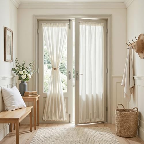 Natural French Door Curtains for Door Window 72 Inch Length Semi Sheer Light Filtering Curtain for Bedroom Window Glass Rod Pocket for Kitchen Dining Room (26"W x 72"L (Pack of 2) / Beige White)