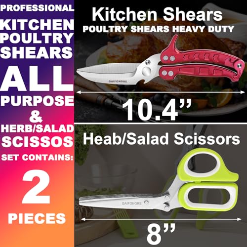 Heavy Duty Poultry Shears Herb Vegetable Salad Scissors 2pcs set (Red Green)