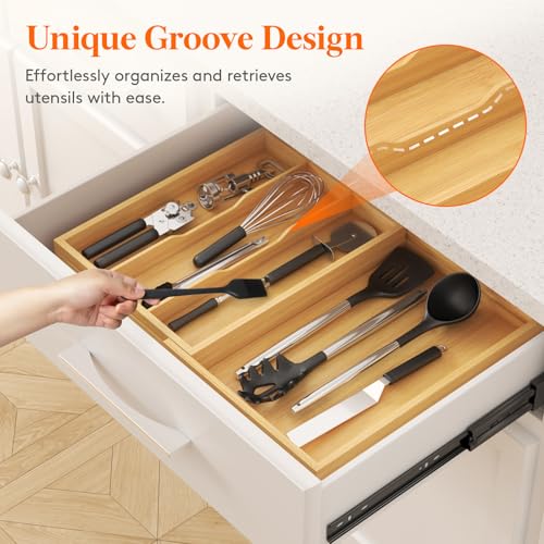 Bamboo Utensil Organizer for Kitchen Drawer (Natural / 11.9~21.7'' W x 15.75'' D)