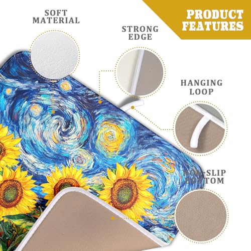 Sunflower Dish Drying Mat for Kitchen Counter 18x16 Inch Starry Night Drying Mat with Absorbent Reversible Microfiber Farmhouse Floral Dish Drainer Mats Rack Pad for Coffee Countertop Protector (Blue Yellow / 18" x 16")