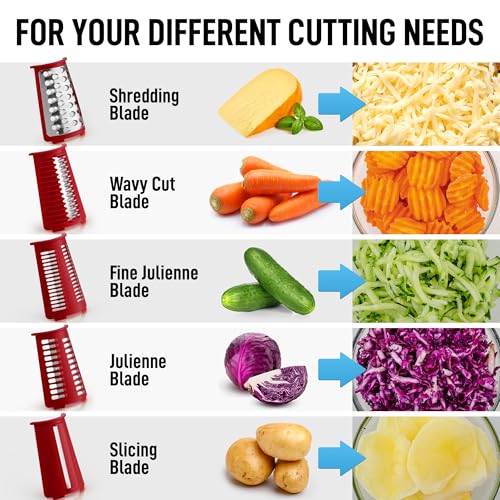 Rotary Cheese Grater Manual Hand Crank 5 Blade Shredder (5 Blades / Red)