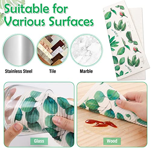8 Pack Swedish Dish Cloths Washable (8 Pack-green Plants)