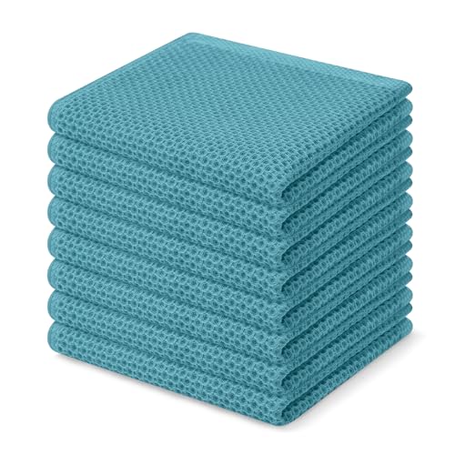 100% Cotton Waffle Weave Kitchen Dish Cloths 8 (Lake Blue / 12 X 12 - 8 Pack)