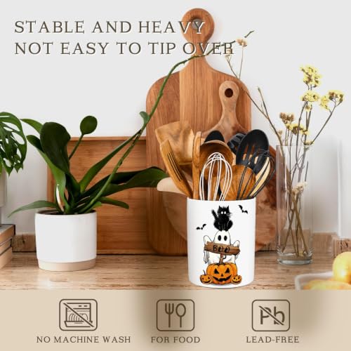 Halloween Utensil Holder Ghost Pumpkin Black Cat Ceramic Kitchen Crock Kitchen Decor for Trick or Treat Cooking Tools Organizer Storage Container Spoon Forks Countertop Supplies (Halloween)