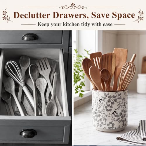 Rustic Ceramic Utensil Holder Grey Floral 5.5" (Grey Floral / 5.5" / Rustic)