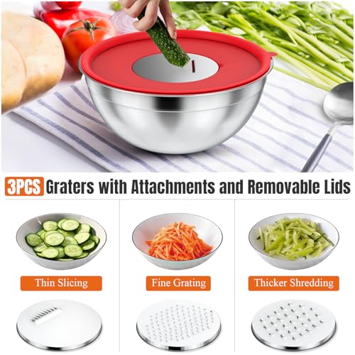 Stainless Steel Mixing Bowls Set with Lids & 3 Grater Attachments (Multicolor)