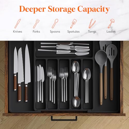 Extra Large Silverware Drawer Organizer (Black / XL Deep (13-22''W x 16.7''D))