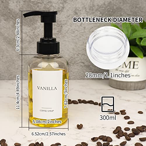 4 Pieces Coffee Syrup Dispenser Bottle 300ml PET Black Pump Bottles with Labels for Coffee Bar Organization