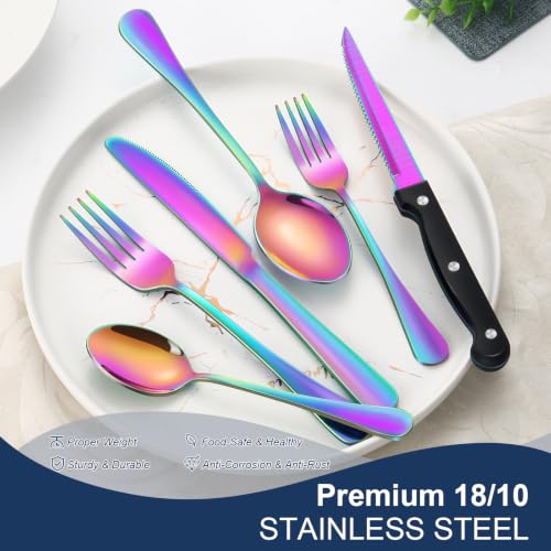 24 Piece Rainbow Silverware Set with Steak Knives Black Stainless Steel Flatware Set for 4 Food Grade Tableware Cutlery Set Rust (24Pcs-A)