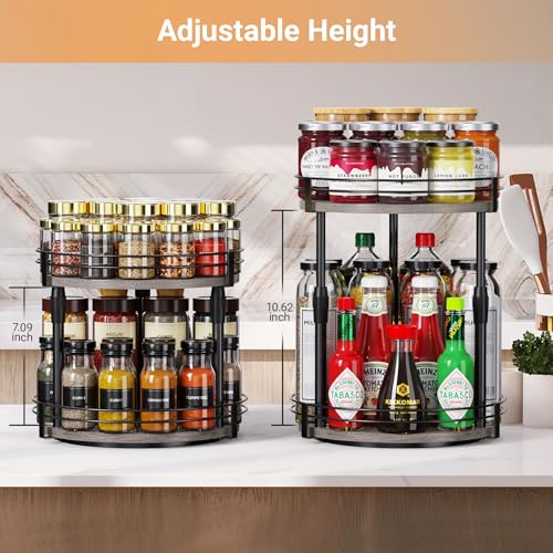 Lazy-Susan-Organizer-Spice-Rack, Rotating Spice Organizer For Cabinet Pantry, Seasoning Holder Spice Shelf With Adjustable Height, Kitchen Counter Shelf Countertop Organizer (Grey / 10"D x 10"W x 13.19"H)
