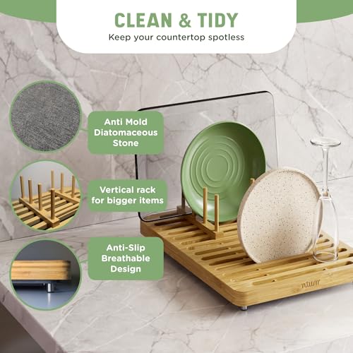 Stone Drying Mat for Kitchen Counter & Bamboo Rack (Light Bamboo)