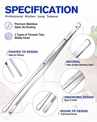 4 Pcs Fine Long Tweezer Tongs Professional Silver (Silver)