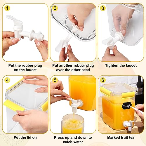 3 Set Plastic Drink Dispensers for Parties Beverage Dispenser for Fridge with Spigot Iced Juice Lemonade Container with Labels and Pens Summer Party Supplies (0.92 Gallon / Yellow)