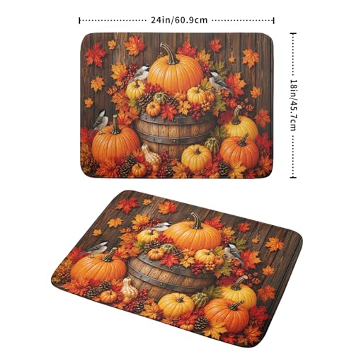 Autumn Dish Drying Mat for Kitchen Countertop Fall Pumpkin Maple Leaf Birds Dish Drainer Mats 18x24inch Rustic Wood Board Grain Dish Drying Rack Pad Protector for Dining Seasonal Decor (24" x 18")