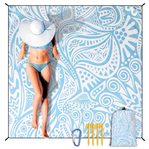 Waterproof Sandproof Beach Blanket Mat for 1 (79" X 83"（1~3 person） / Floral Water Ripple - Light Blue)