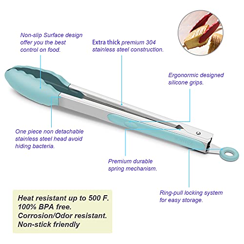 4 Pack Aqua Sky Silicone Kitchen Tongs Set (Aqua Sky)