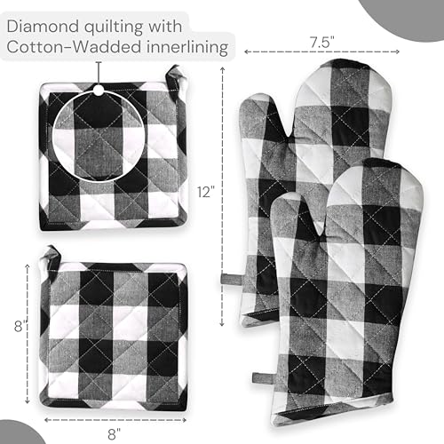 Oven Mitt & Pot Holder Buffalo Plaid Check 100% Cotton Heat Resistant Oven Gloves (Black, Buffalo Plaid)