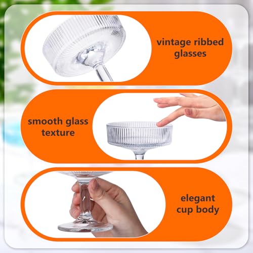 8 Pcs Ribbed Vintage Coupe Glasses 7 oz Martini Glasses Champagne Coupe Classic Cocktail Glassware Reusable Ribbed Glassware for Cocktail Martini European Style (Clear)