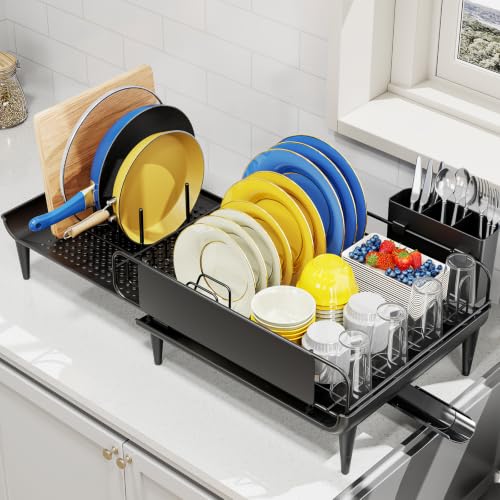 Expandable Dish Drying Rack for Kitchen Counter with Drainboard (1 Tier - Expandable - Black)