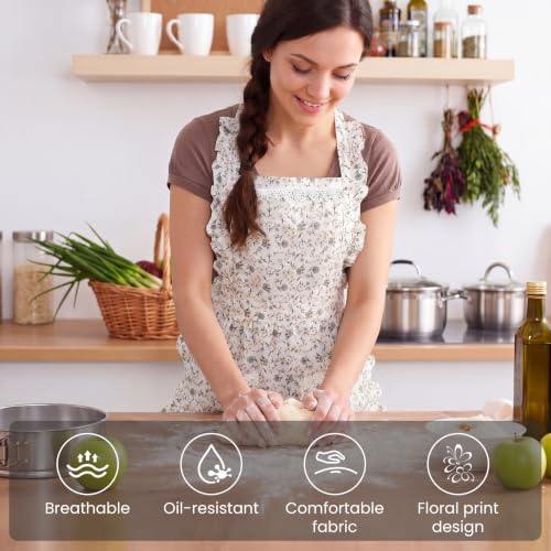 Cute Aprons for Women with Pockets (Green/Floral)