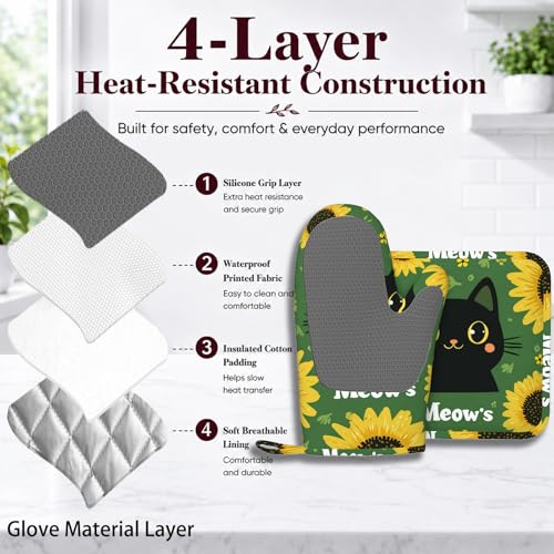 Black Cat Oven Mitts and Pot Holders Sets Cartoon Sunflower Silicone Heat Resistant Kitchen Oven Gloves Pot Holder for Cooking Baking Grilling BBQ (Black Cat)
