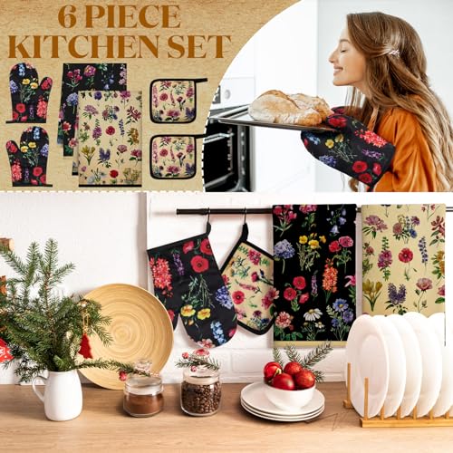 6 Pcs Vintage Flower Kitchen Towels Oven Mitts and Pot Holders (Cute Color / Vintage Wildflower)