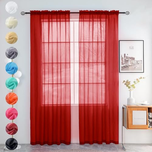 Solid Sheer Rod Pocket Curtain Voile Draperies 2 Panels White Beige Black Grey Ivory 52 Inch Width 54 Inch Long 1 Pair for Kitchen Bedroom Children Living Room Yard (Christmas Red / 52"W x 54"L (Pack of 2))