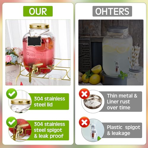 2 Pcs 2 Gallon Glass Drink Dispenser with Stand Ice Cylinder Hanging Chalkboard Signs 18 (Gold)