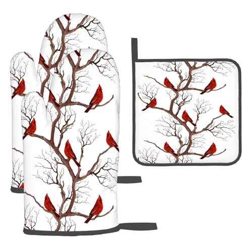Winter Cardinal Birds Oven Mitts and Pot Holders Sets of 3 Hot Pads (Birds Cardinal)