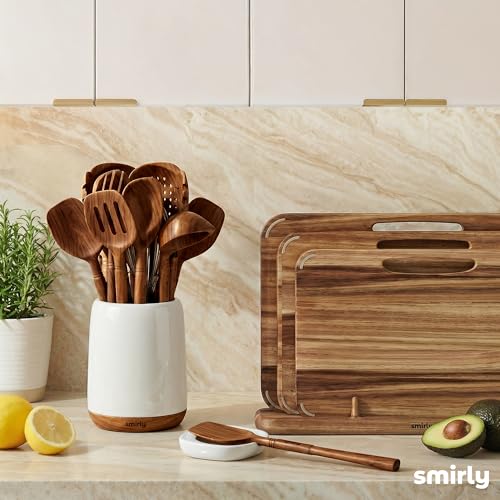 Walnut Wooden Utensil Set with Ceramic Holder & Spoon Rest (Walnut / 12 Piece Set with Holder)