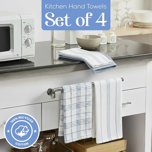 Kitchen Towels Set of 4 Dish Towels Blue n White Waffle Weave Cotton Hand Towels (Blue N White)