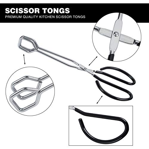 Stainless Steel Scissor Tongs Heavy Duty Cooking Tongs with Soft Handles (black 10")