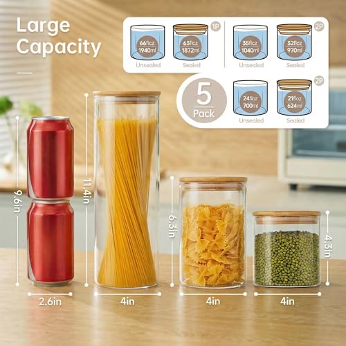 Round Glass Storage Containers with Bamboo Lids for Pasta & Flour (MultiSize 5 Pack)