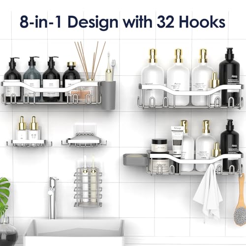 Shower Caddy Adhesive Shower Organizer 8 (Silver / 8-Piece Set)