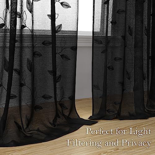 Black Sheer Curtains Leaf Embroidered (52"W x 84"L (Pack of 2) / Black)
