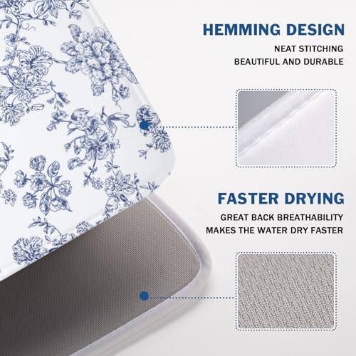 Blue Floral Dish Drying Mat for Kitchen Counter Chinoiserie Flower Microfiber Dish Drainer Mat Vintage Rustic Elegant Absorbent Washable Drying Pad Extra Large 18"x24" (Elegant Blue Flower / 24" x 18")