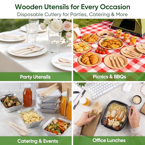 Disposable Wooden Utensils Set (120 Forks, 120 Spoons, 120 Knives)
