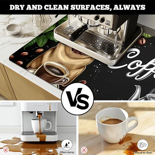 Dish Drying Mat Large Coffee Mat Absorbent Drying Mat for Kitchen Counter Coffee Bar Accessories 32"x 17" (Coffee Leaves)