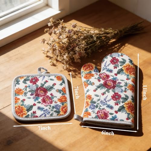 Floral Oven Mitts and Pot Holders Sets 2 Pcs (Flower4)