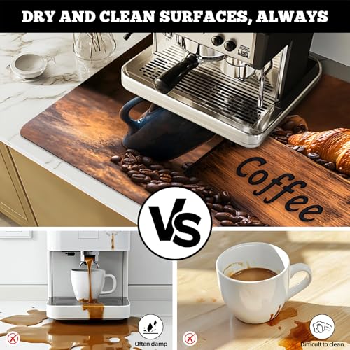 Dish Drying Mat Large Coffee Mat Absorbent Drying Mat for Kitchen Counter Coffee Bar Accessories 32"x 17" (Coffee and Bread 1)