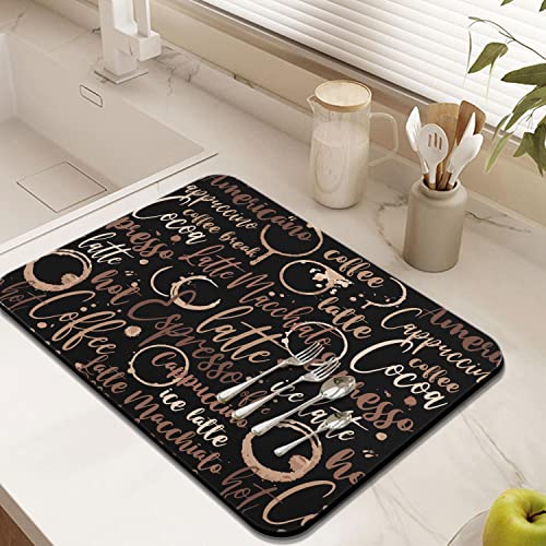 Coffee Bar Mat Accessories for Countertop Absorbent Hide Stain Rubber Backed Dish Drying Mats for Kitchen Counter Draining Pad Decor Gift (black-2 / 18" x 24")