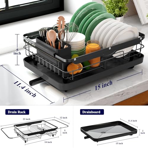 Dish Drying Rack for Kitchen Counter (Black / 12.2''W x 15.7''~23''L - 1 Tier)