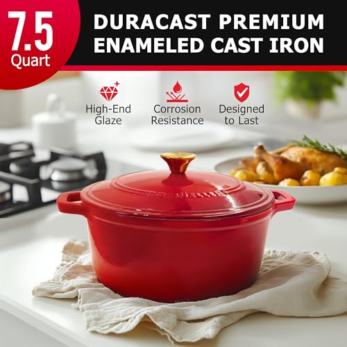 MUELLER HOME 7.5 QT Enameled Cast Iron Dutch Oven (7.5 Quart -Round / Red)