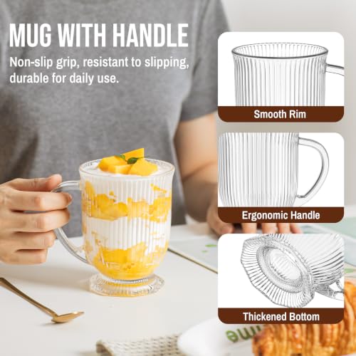 16oz Glass Coffee Mugs with Handles and Spoon Set of 4 Ribbed Mug (Ribbed)