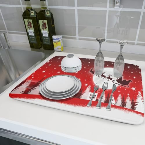 Christmas Reindeer Moon Star Red Dish Drying Mat for Kitchen Counter (18" x 24")