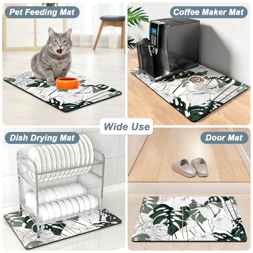 Coffee Mat 12" x 19" Cute Coffee Bar Mats for Espresso Machine Station Accessories and Organizer (Abstract Tropical Leaves / 12" x 19")