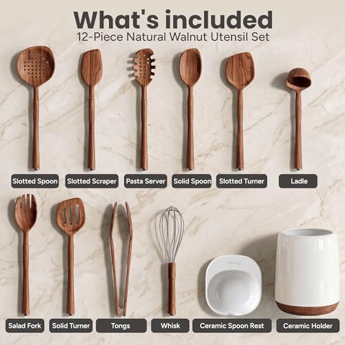 Walnut Wooden Utensil Set with Ceramic Holder & Spoon Rest (Walnut / 12 Piece Set with Holder)